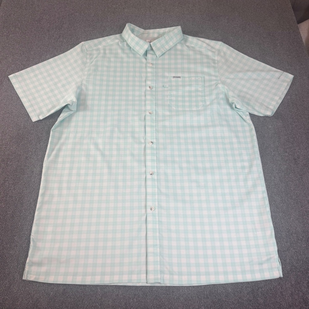 Columbia PFG Mens Vented 2XT Mint Green Gingham Short Sleeve Fishing Shirt